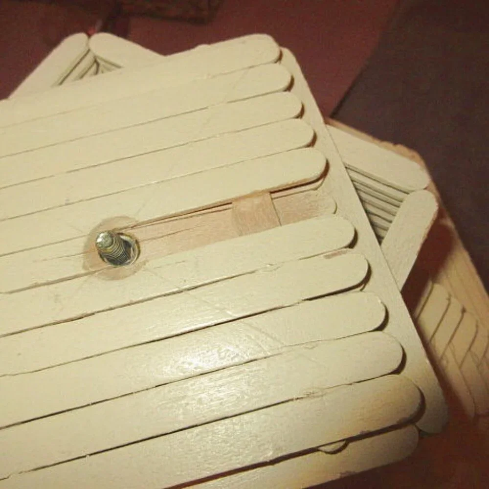 Vtg Popsicle Stick Table Lamp And Shade Wired Folk Tramp Art Boho MCM 60s Hippie